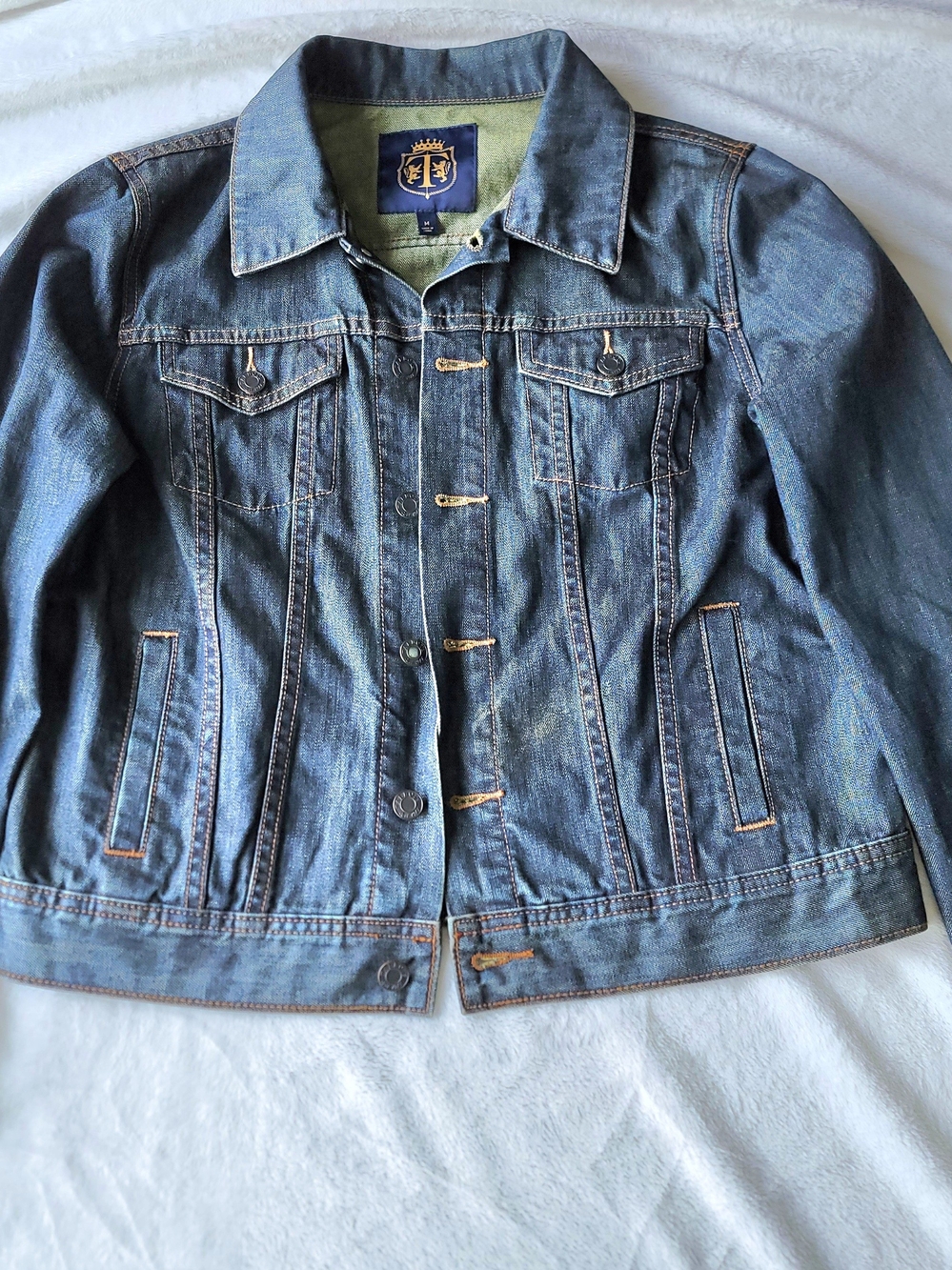 Talbots Blue Denim Jean Jacket with Olive Lining